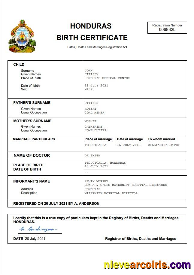Honduras birth certificate